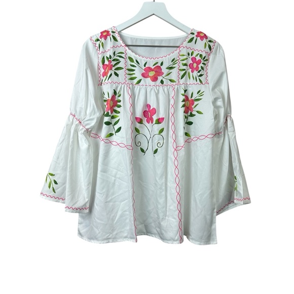 White Floral Cotton Peasant Top Women Blouse Sz S - Picture 1 of 6